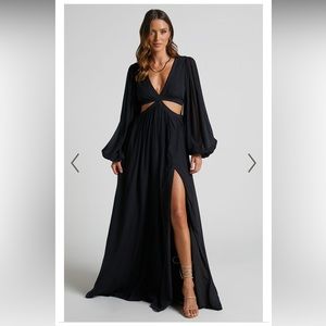 PAIGE MAXI DRESS - SIDE CUT OUT BALLOON SLEEVE DRESS IN BLACK - SHOWPO